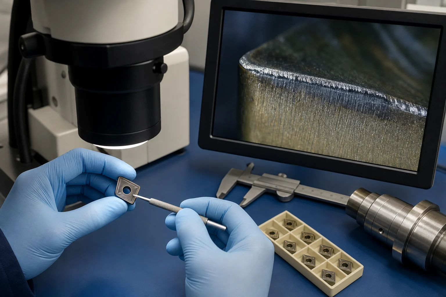 Inspeção microscópica do desgaste de um inserto de corte