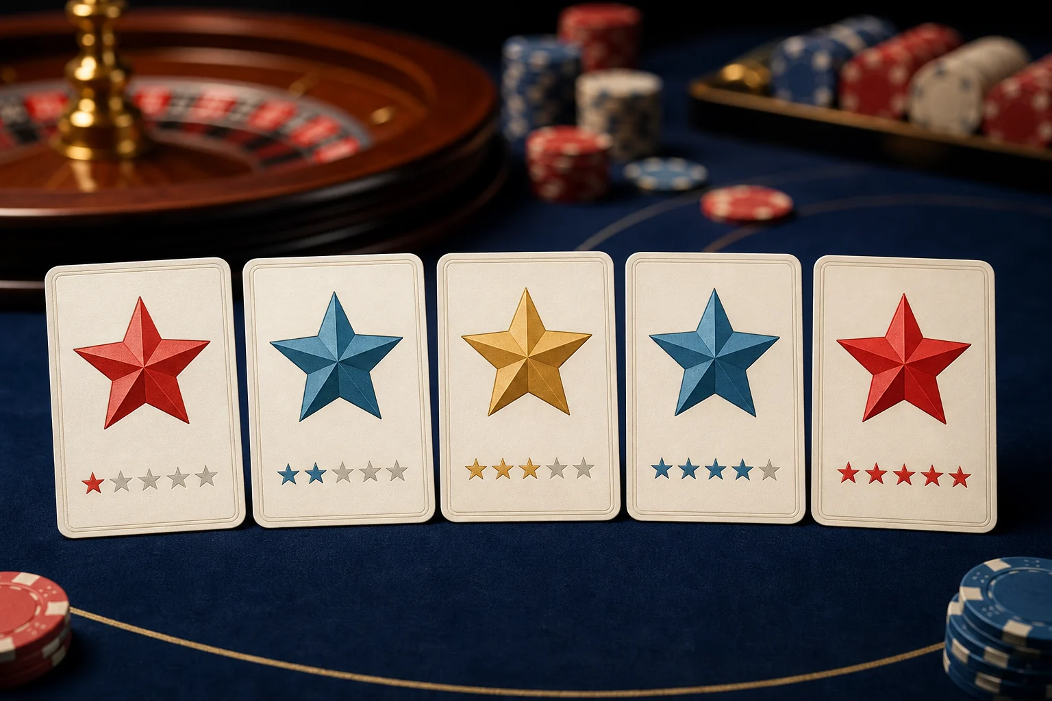 Cartões de avaliação com estrelas em mesa de jogos online