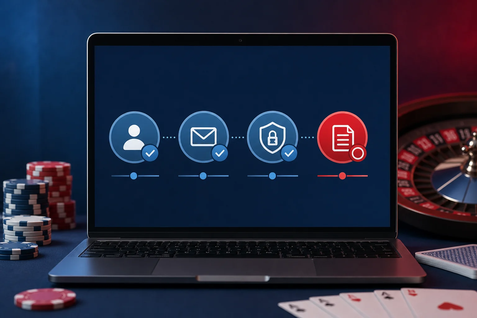 Notebook com etapas visuais de cadastro seguro ao lado de fichas, cartas e roleta