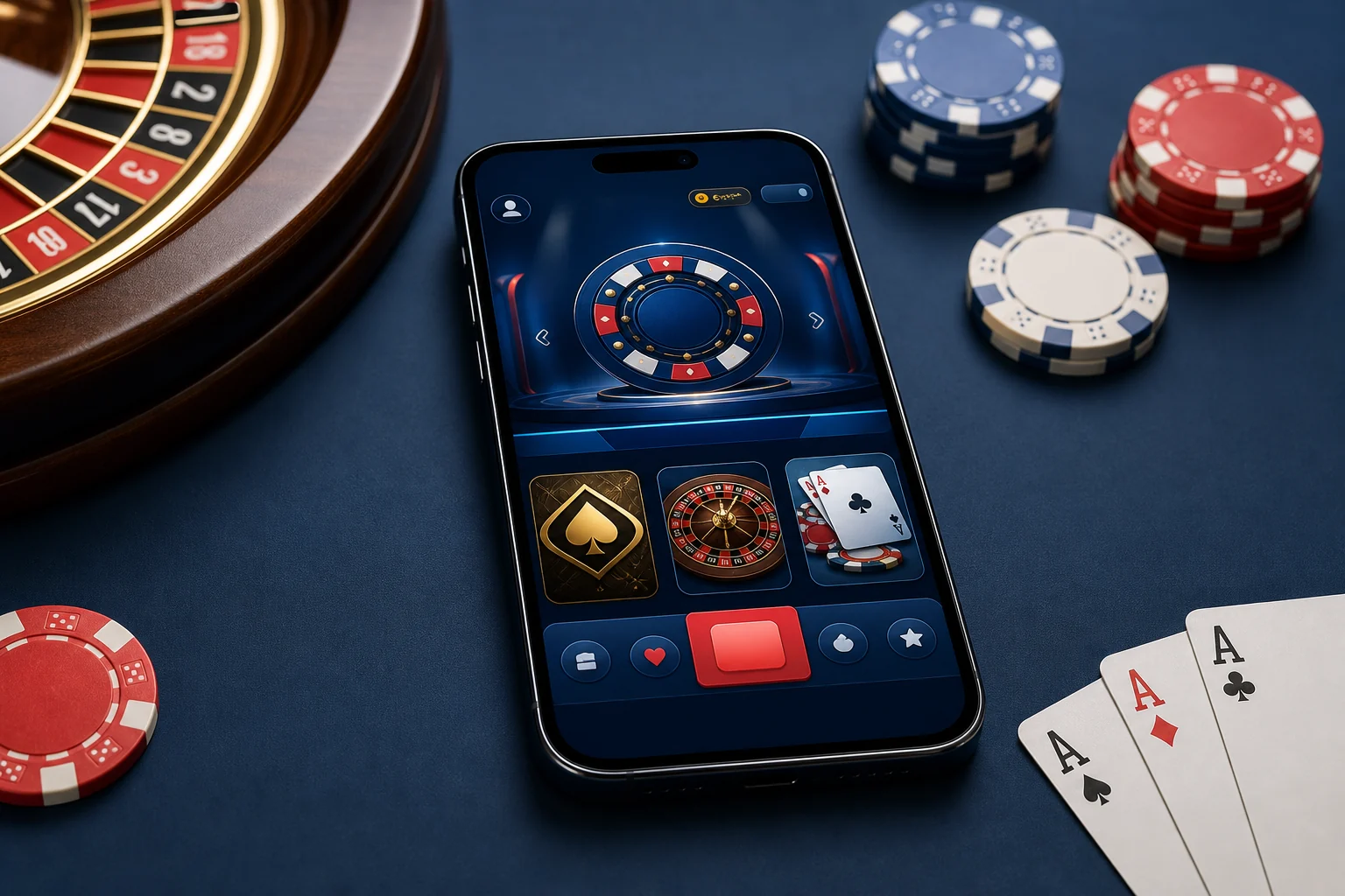Smartphone com lobby de jogos digitais cercado por fichas, cartas e roleta