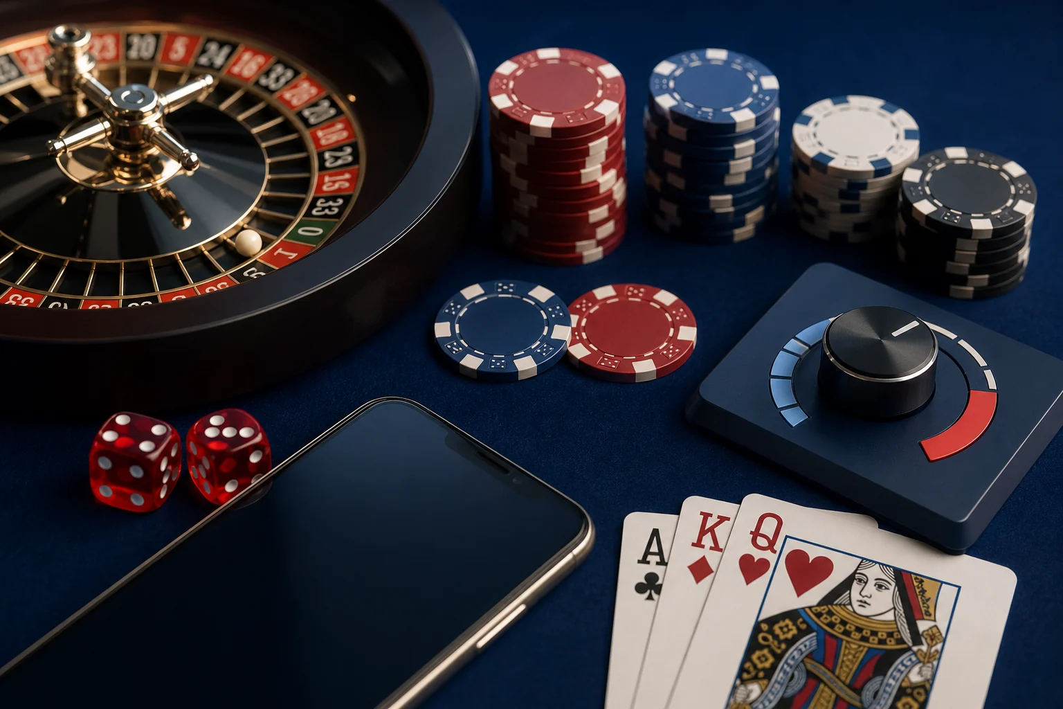 Roleta, fichas, dados, cartas, celular e controle de limite em mesa de jogos